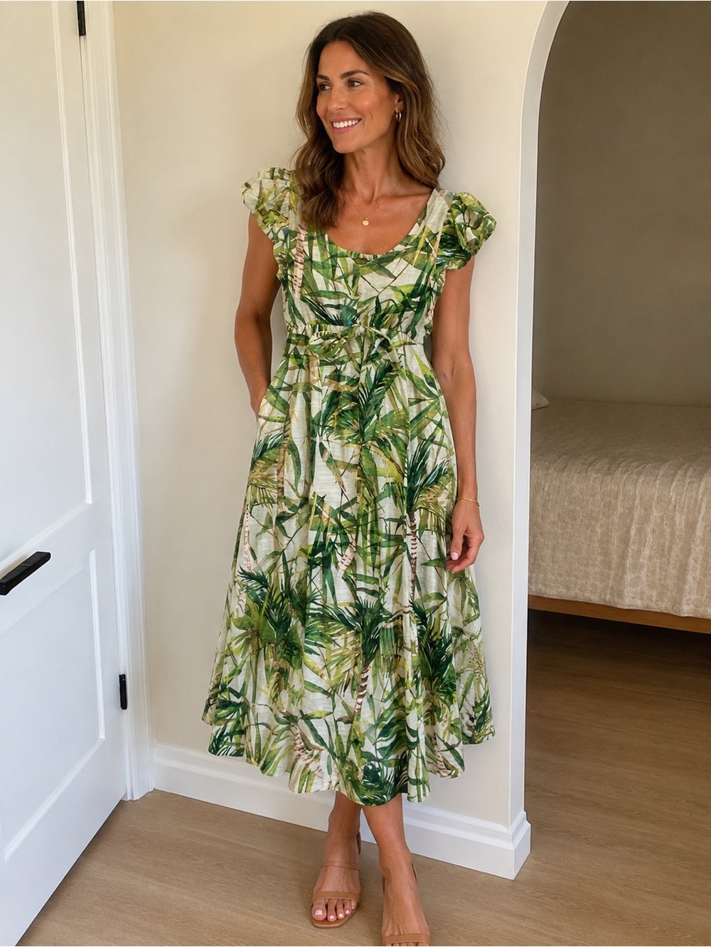 Taylor Green Palm-Print Midi Dress, linen